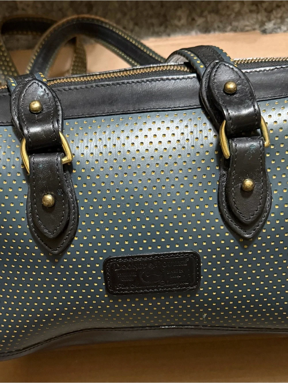 Dooney & Bourke Perforated Green and Black Cabrio Leather Satchel
